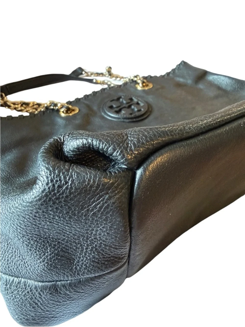 Tory Burch Black Leather Marion Chain-Handle Tote with Logo Medallion